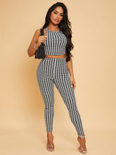 Lade das Bild in den Galerie-Viewer, Love God. Store Women Two-piece Outfits Black and White / XS Houndstooth Tank Crop Top Skinny Pants Set price

