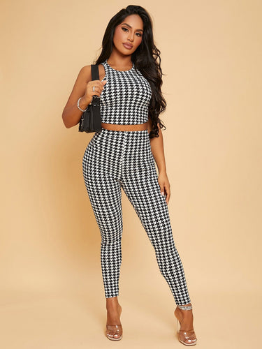 Love God. Store Women Two-piece Outfits Black and White / XS Houndstooth Tank Crop Top Skinny Pants Set price