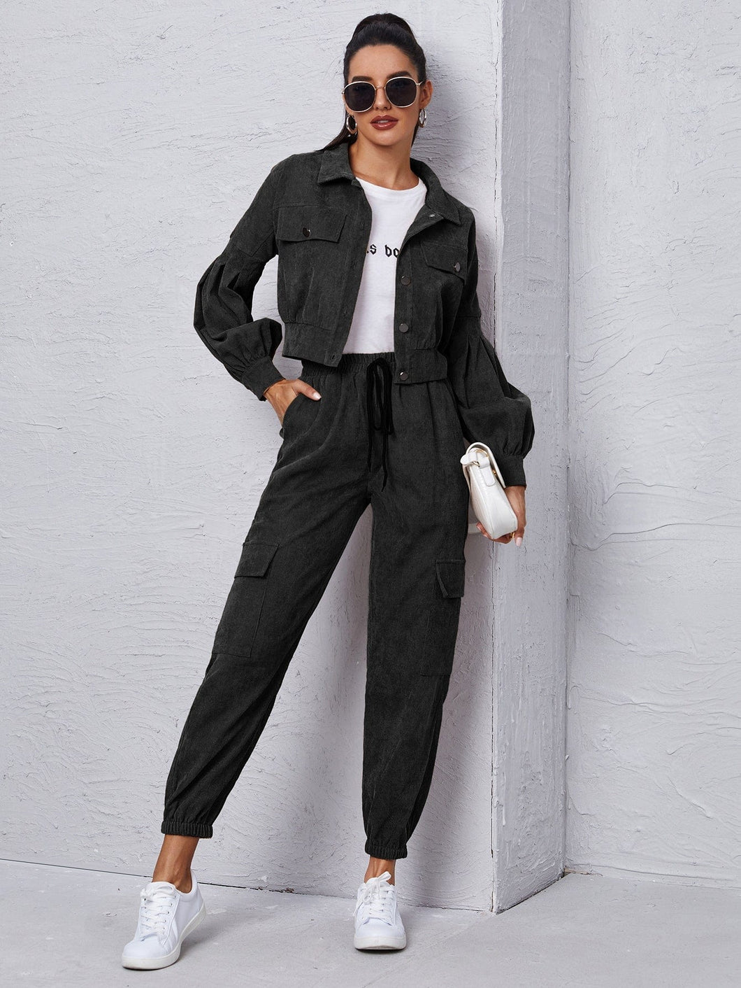 Love God. Store Women Two-piece Outfits Black / S Corduroy Flap Detail Jacket With Tie Front Cargo Pants price
