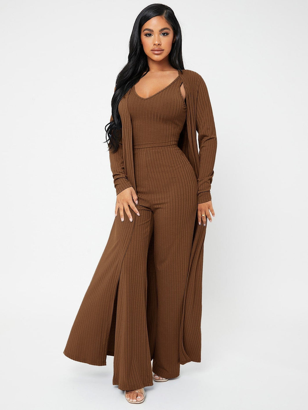 Love God. Store Women Two-piece Outfits Brown / XS Open Front Rib knit Coat Pants Set With Camisole price