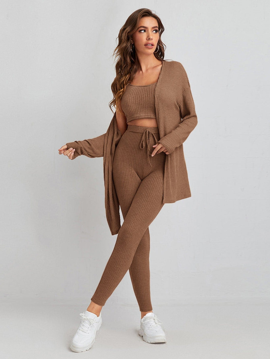 Love God. Store Women Two-piece Outfits Brown / XS Waffle Knit Tank Top And Leggings Set With Coat price