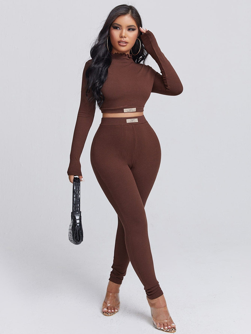 Love God. Store Women Two-piece Outfits Coffee Brown / XS SXY Mock Neck Slogan Graphic Crop Top Leggings Set price