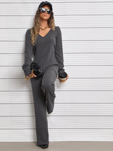 Cargar imagen en el visor de la galería, Love God. Store Women Two-piece Outfits Dark Grey / XS Ribbed Knit V Neck Top Pants price
