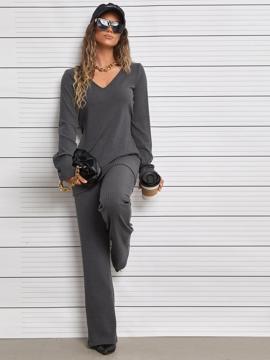 Love God. Store Women Two-piece Outfits Dark Grey / XS Ribbed Knit V Neck Top Pants price