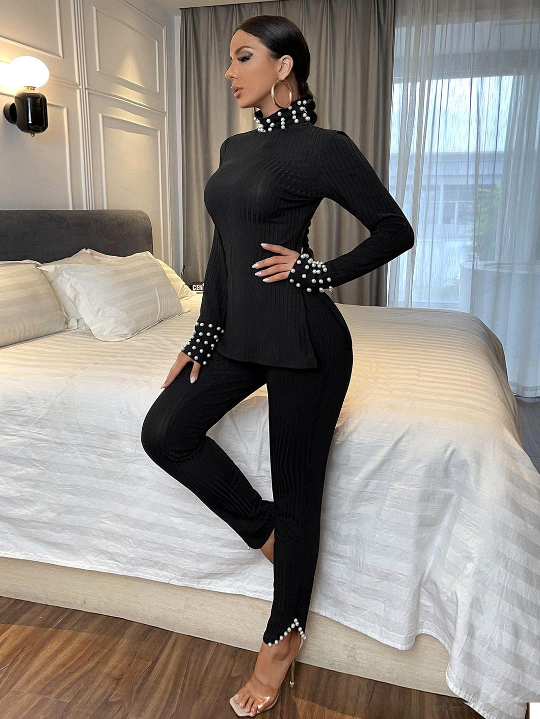 Love God. Store Women Two-piece Outfits High Neck Pearls Beaded Split Hem Top Leggings price