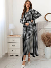 Lade das Bild in den Galerie-Viewer, Love God. Store Women Two-piece Outfits Houndstooth Slit Back Bodycon Dress Patched Pocket Belted Coat price
