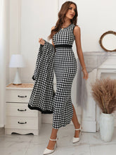 Lade das Bild in den Galerie-Viewer, Love God. Store Women Two-piece Outfits Houndstooth Slit Back Bodycon Dress Patched Pocket Belted Coat price

