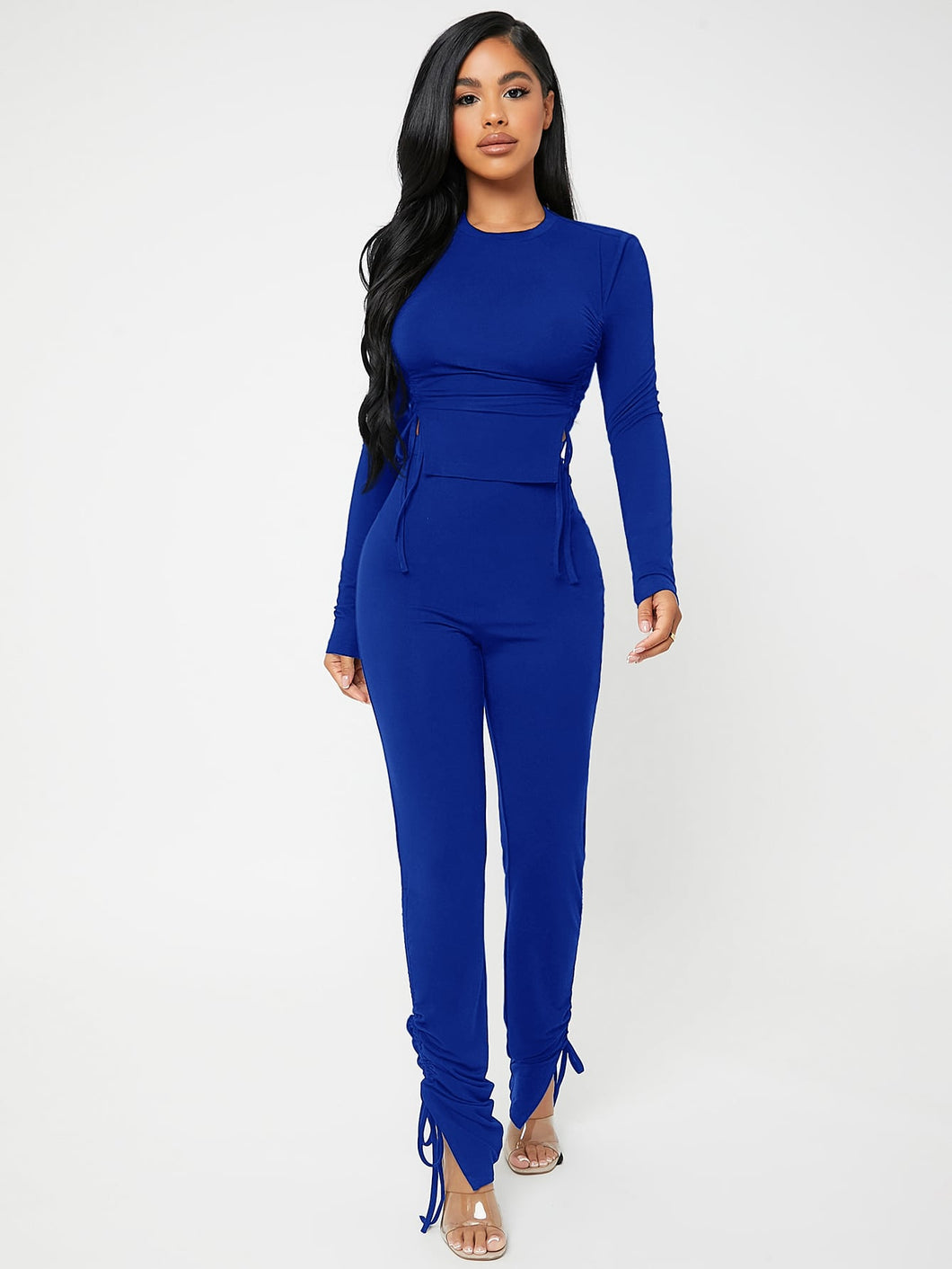 Love God. Store Women Two-piece Outfits Royal Blue / XS Knot Side Tee Drawstring Ruched Pants Set price