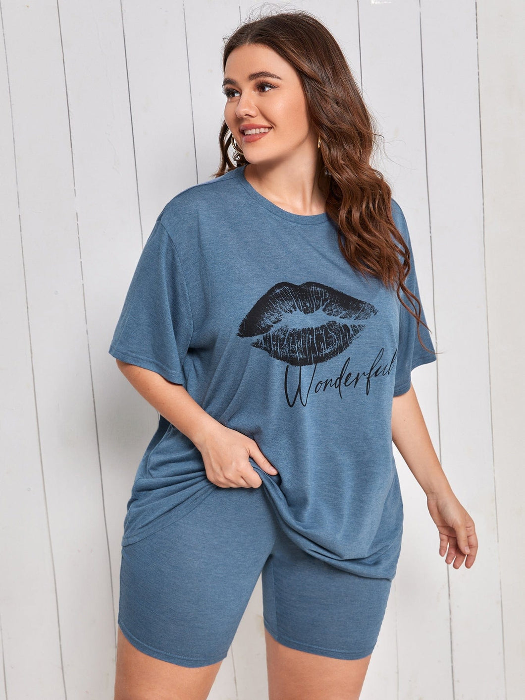 Love God. Store XL Size Pajama Sets Dusty Blue / 0XL XL Mouth Print Tee Biker Shorts PJ Set price